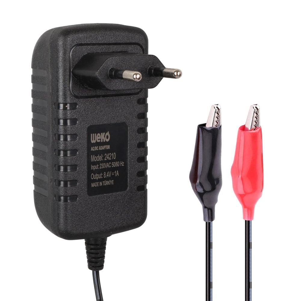 WEKO 8.4 VOLT - 1 AMPER KROKODİL UÇLU PRİZ TİP KIRMIZI YEŞİL LEDLİ YERLİ ÜRETİM AKÜ ŞARJ ADAPTÖRÜ (OUT:6V1A)