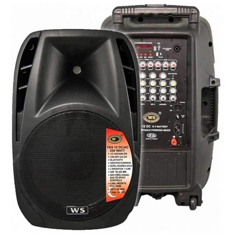 WESTSOUND TKS 12 DC USB-BLUETOOTH 250 WATT EL-YAK MİK ŞARJLI AKTİF HOP[YEDEK HOP ÇIKIŞLI]