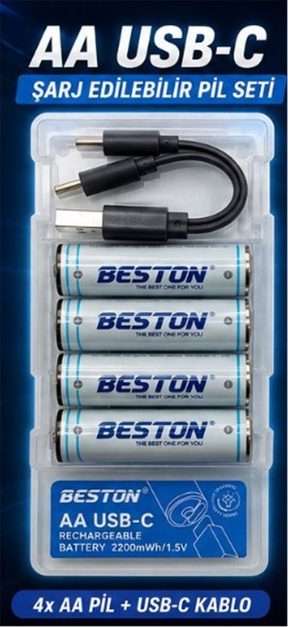 Reyonex BESTON 1.5 VOLT 2200 MAH 4'LÜ AA PİL + USB-C ŞARJ EDİLEBİLİR PİL SETİ - Şarjlı Piller