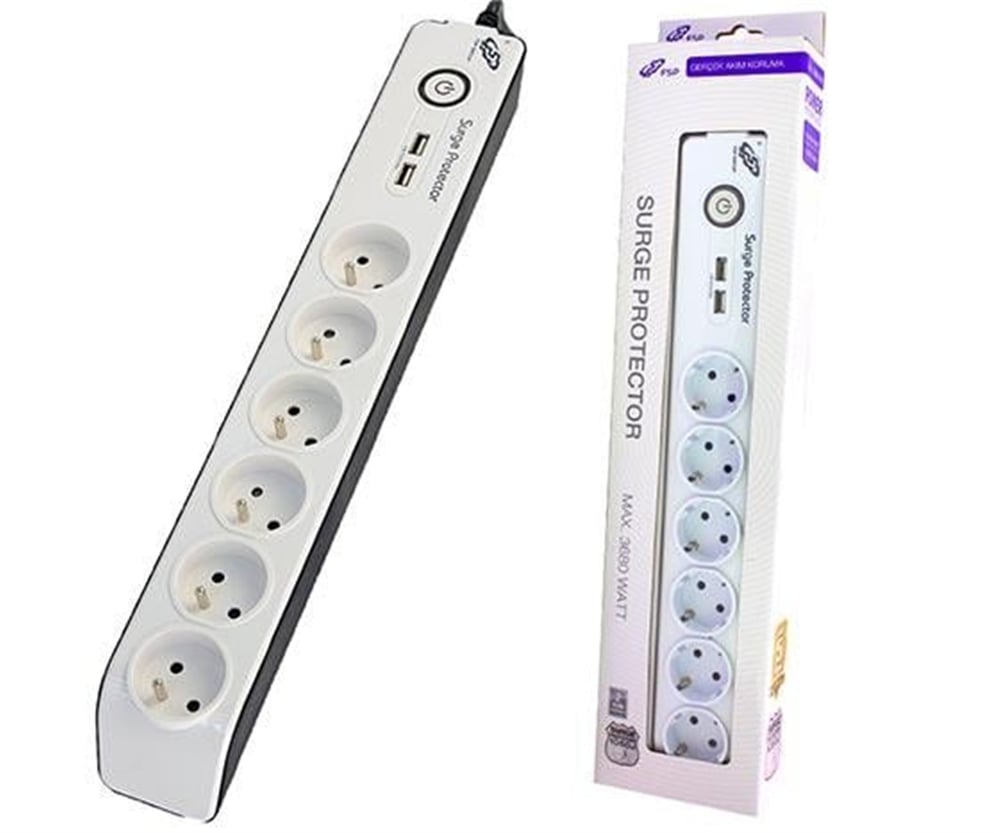FSP Fsp SP-FR3G2U01 6'lı 1.7 Mt. Akım Korumalı Çift Usb'li Priz - Akım Korumalı Prizler