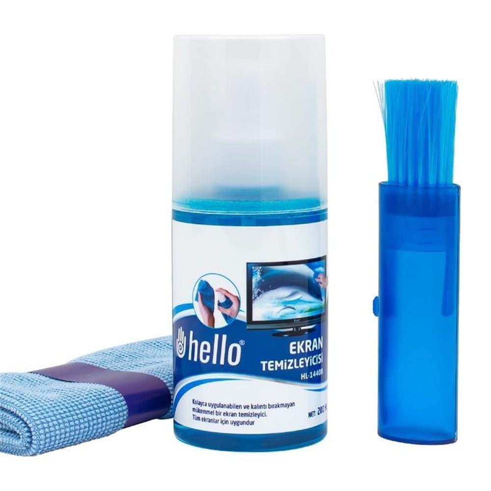 Hello Hello HL-14408 Sprey + Fiber Bez + Fırça 200 Ml. Lcd Ekran Temizleme Seti - Lcd Temizleme Setleri