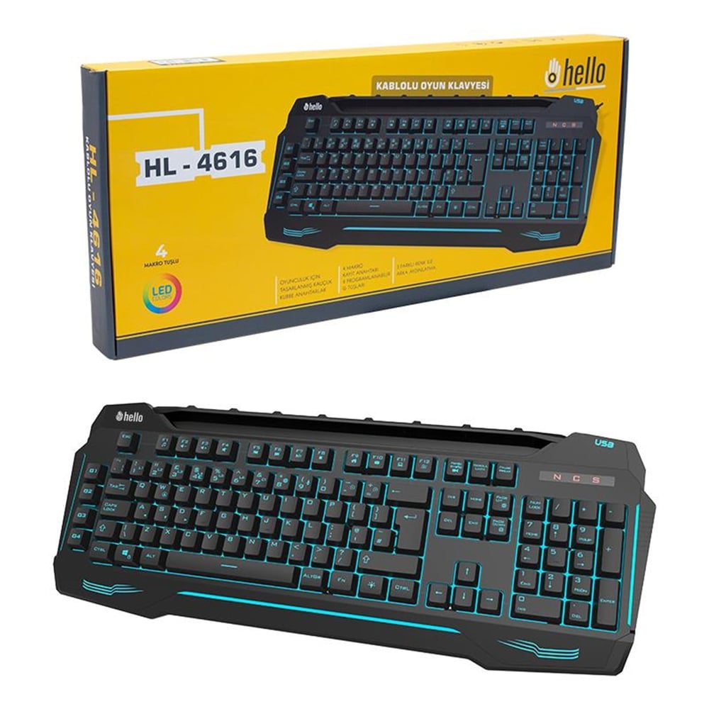 Hello Hello HL-4616 4 Makro Tuşlu 3 Renk Işıklı Gaming Oyuncu Klavye - Gaming Klavye