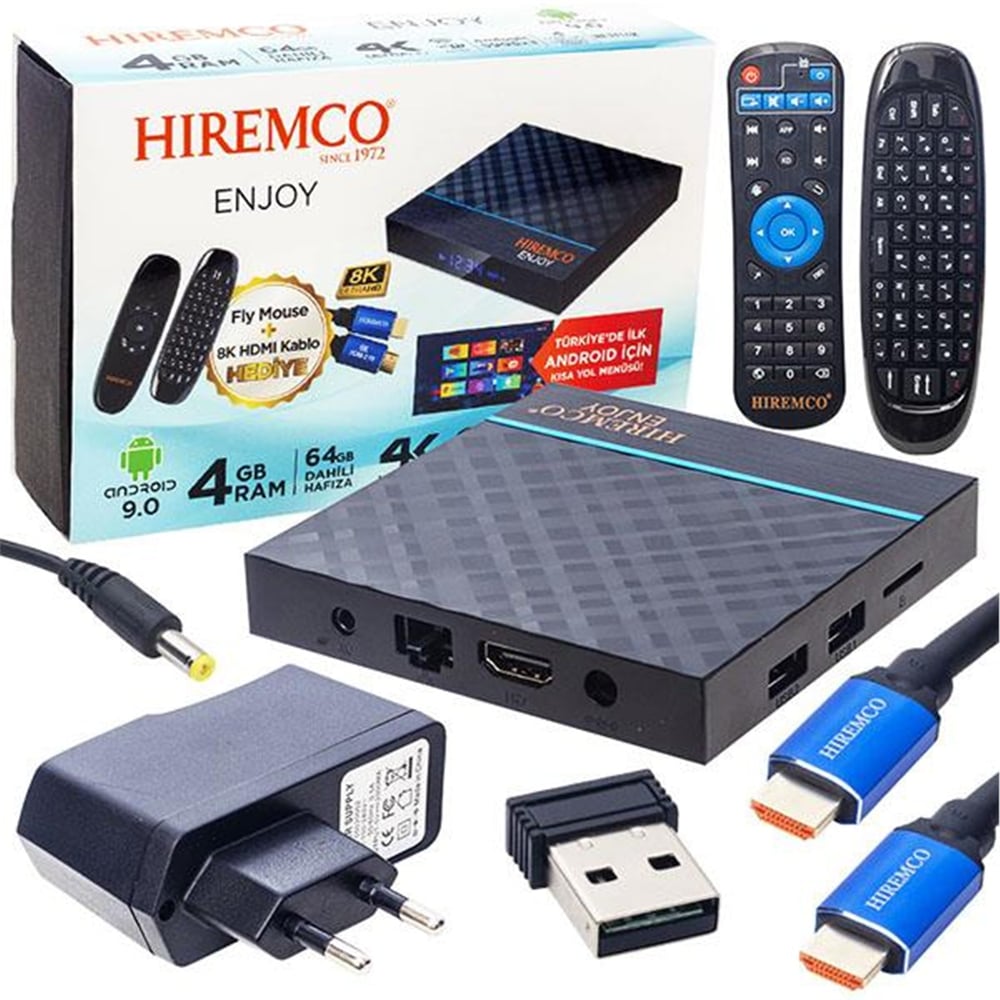 Hiremco Hiremco Enjoy 9.0 Android 4GB DDR3 Ram 64GB Hafıza-Wifi-Netflix Android Box (Fly Mouse+8K HDMI Kablo Hediye) - Hiremco Uydu Alıcısı