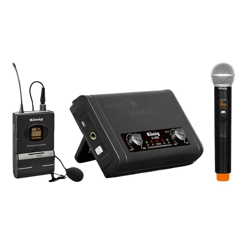 König König K-302 UHF Sabit Çift Kanal 1 El + 1 Yaka Telsiz Mikrofon - Kablosuz Mikrofonlar