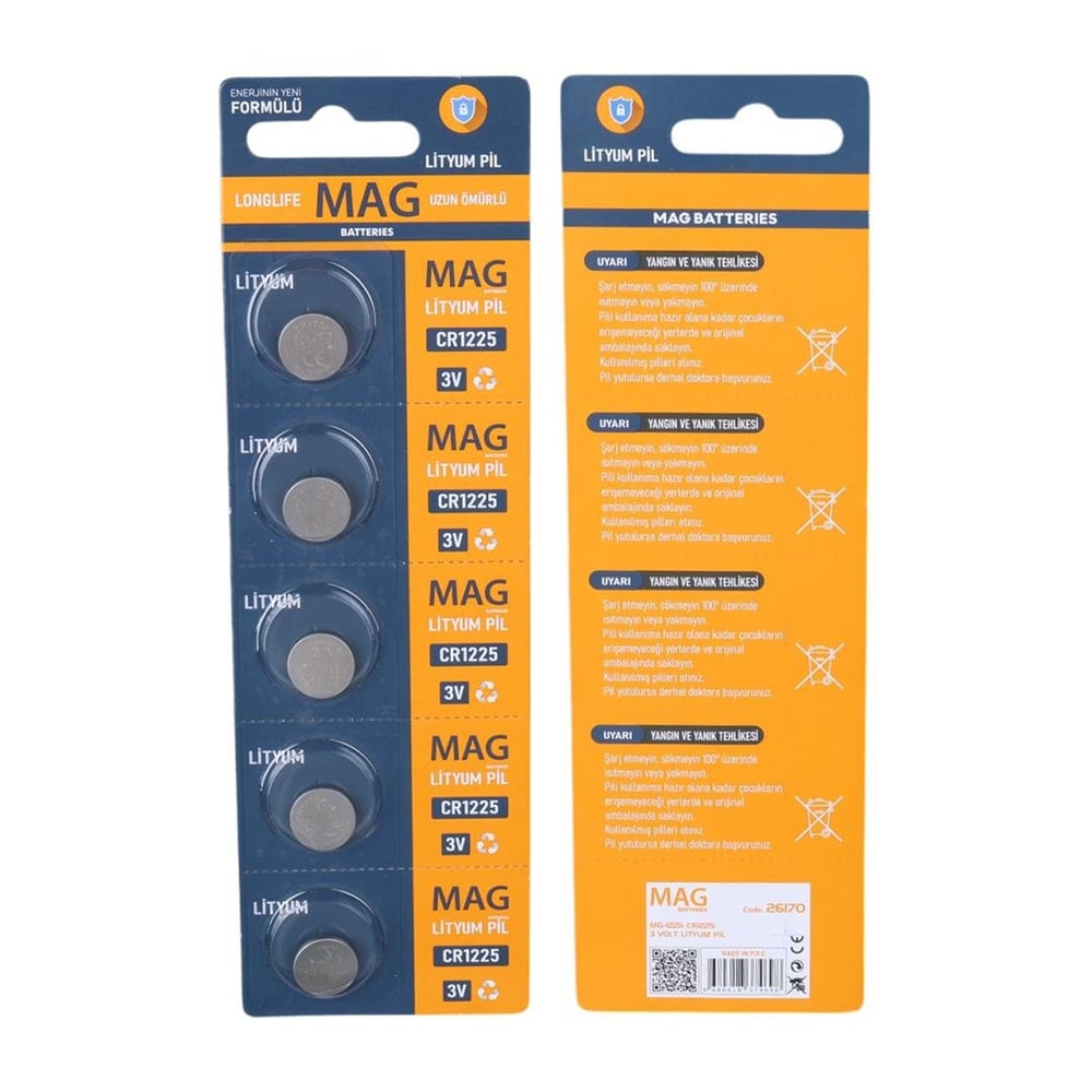 MAG Batteries Mag Batteries MG-1225 CR1225 3 Volt Lityum Pil (5'li Blister Paket) - Piller