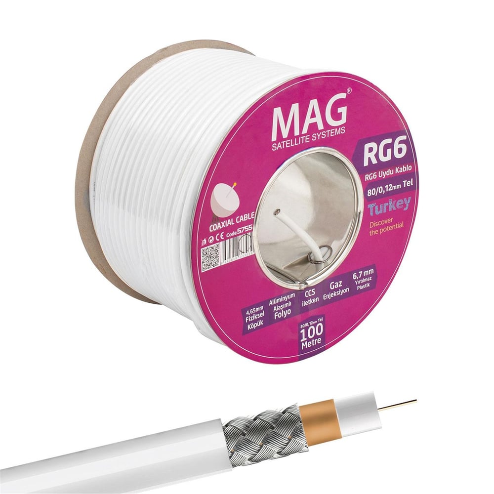 MAG Mag RG6/U6 1.02 MM 80 Telli CCS Makaralı 100 Metre Yerli Üretim Anten Kablosu - Anten Kablosu