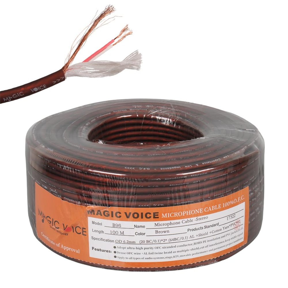 MagicVoice MagicVoice B96 Profesyonel 2 Damarlı Blendajlı Enstrüman Mikrofon Kablosu Stereo 100 Metre (Kahverengi) - Mikrofon Kablosu