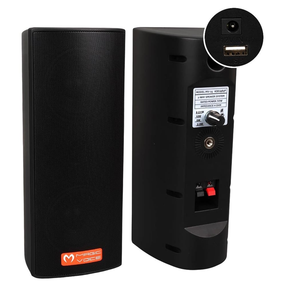 MagicVoice Magicvoice MV-26 2X7.5 CM 50 Watt Komütatörlü Hat Trafolu Siyah Sütun Hoparlör (2'Li Takım) - Trafolu Hoparlör