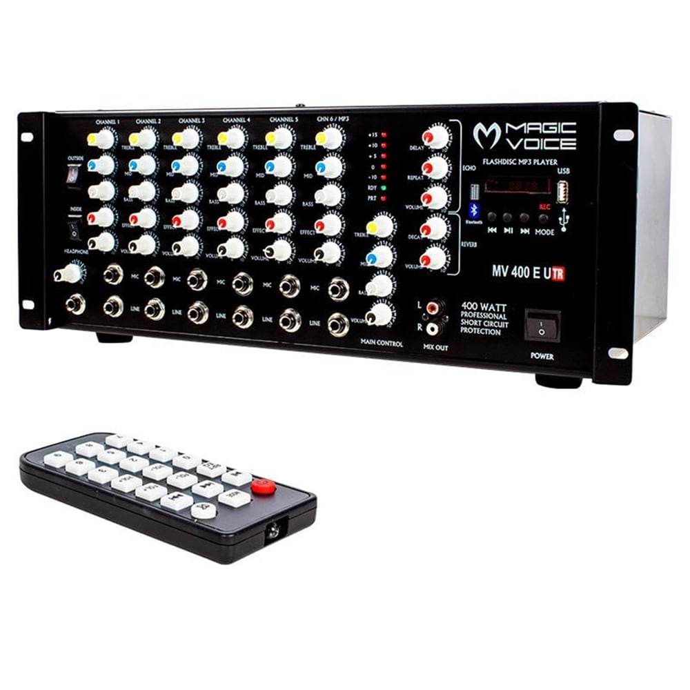 MagicVoice Magicvoice MV-400EU-TR 400 Watt 6 Mik. Girişli Usb-Bluetooth-Trafolu Mixer Küp Anfi - Seslendirme Mixerleri