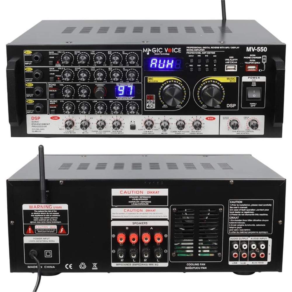 MagicVoice Magicvoice MV-550 2X100w USB/SD/Bluetooth 4 Mikrofon Girişli Stereo Mixer Amfi - Seslendirme Amfileri