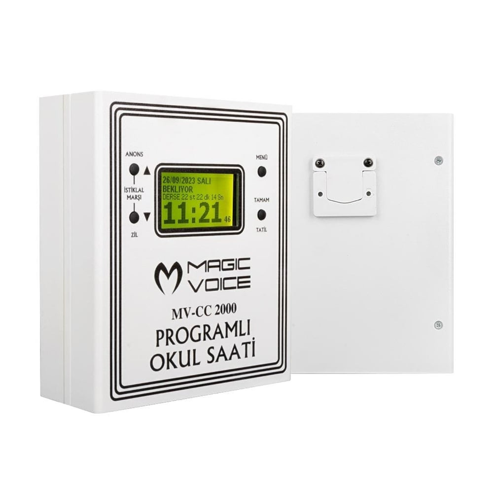 MagicVoice Magicvoice MV-CC2000 USB Duvar Tipi Programlı 20 Adet MP3 Formatı Zil / İstiklal Marşlı Akıllı Dijital Okul Saati (Çan Takılabilir) - Okul Zili
