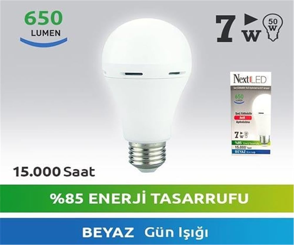 Oem Nextled Ye-E27E-7Wb 7 Watt 650 Lümen Beyaz Şarjlı Led Ampül - Led Ampul Aydınlatma