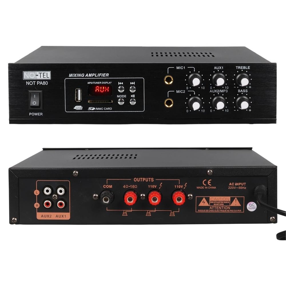 No-Tel No-Tel 50 W Mini USB-SD-Bluetooth 70-100 V 2 Mik. Giriş Trafolu Anfi NOT-PA80 - Seslendirme Amfileri