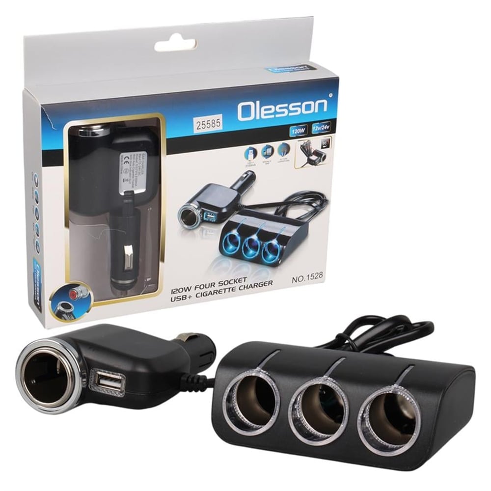 Olesson Olesson 1528 12-24V Tek USB Girişli 120W 80cm Kablolu 3'LÜ Araç Çakmak Çoklayıcı - Oto Konvertör
