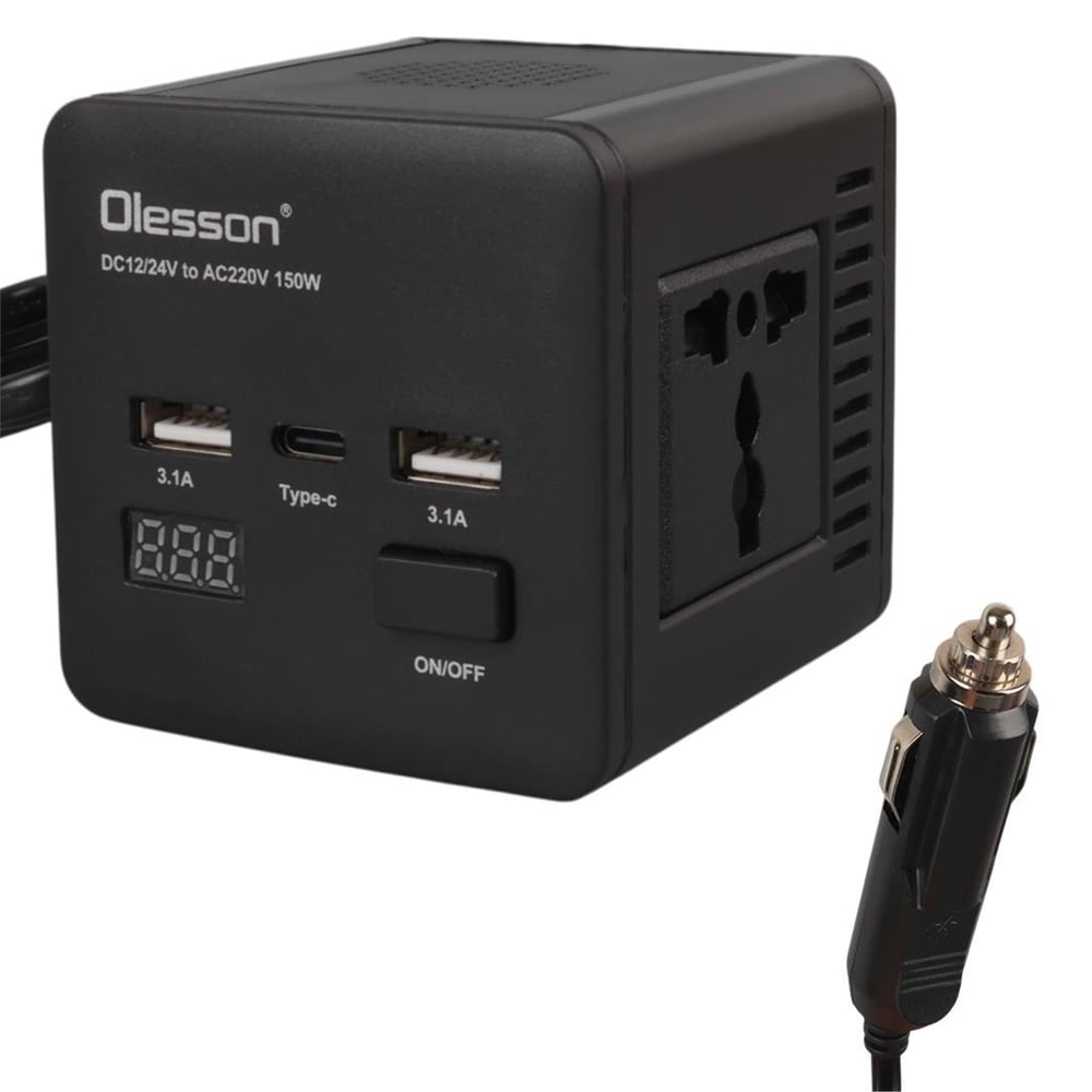 Olesson Olesson 1663 DC 12-24V 150W Oto Araç Power İnverter TYPE-C - Çift USB - 220V Üniversal Priz Girişli - Oto Konvertör