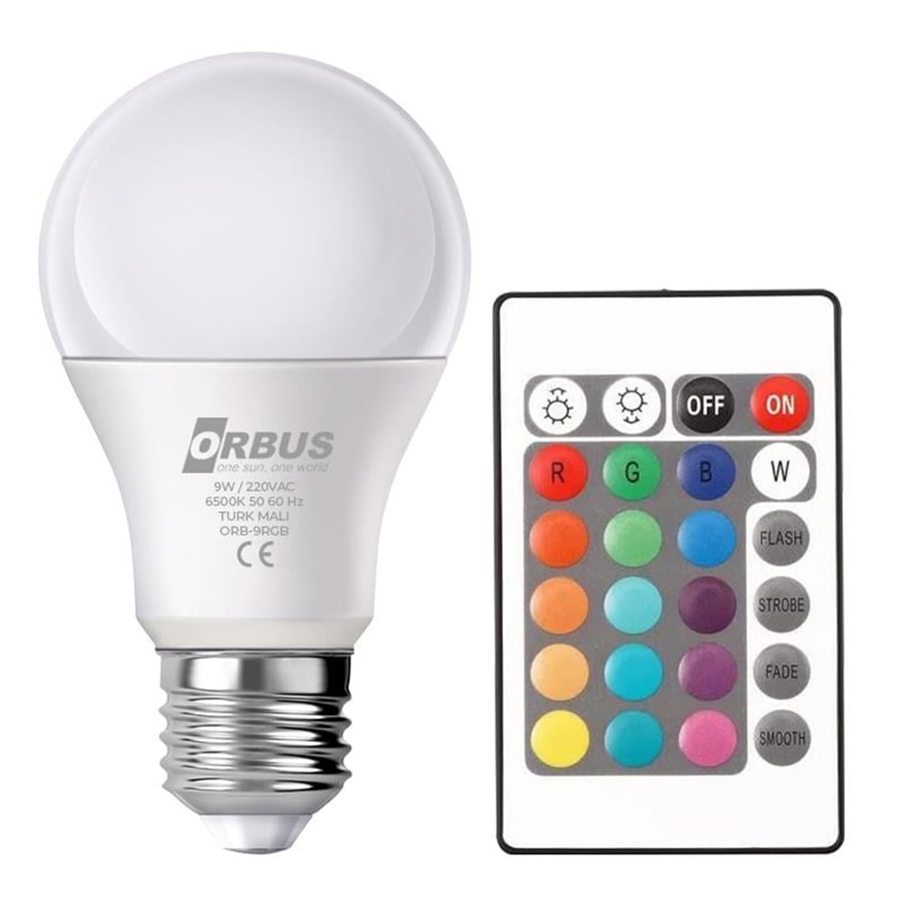 Orbus Orbus 9 Watt 6500K 800 Lümen Kumandalı RGB Işık E27 Led Ampul - Led Ampul Aydınlatma