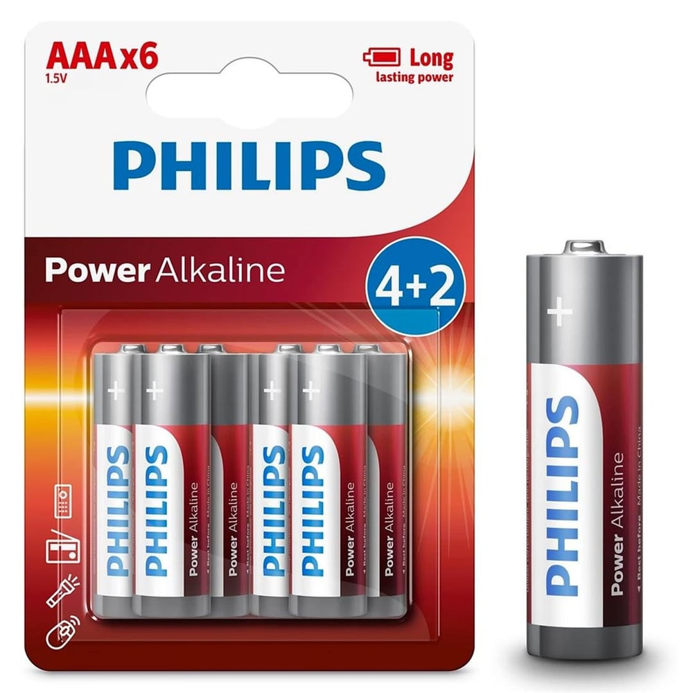 Philips Philips LR03P6BP/10 LR03 Micro 1.5 Volt 4+2 Power Alkaline AAA İnce Kalem Pil (6'lı Paket) - Tek Kullanımlık Piller