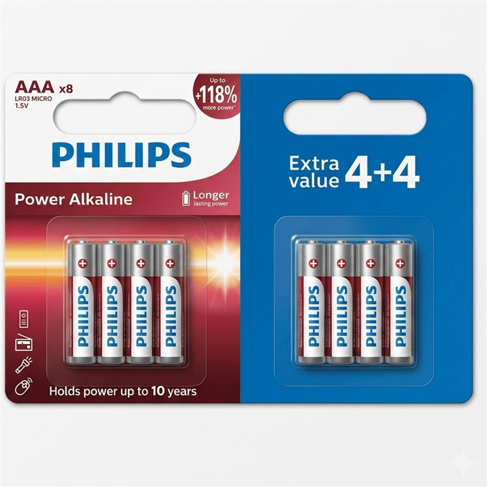 Reyonex PHİLİPS LR03P8BP/10 POWER ALKALİN LR03 1.5V AAA İNCE (4+4) 8'Lİ PAKET PİL - Piller