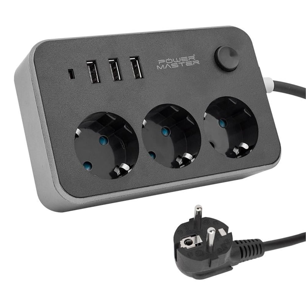 Powermaster Powermaster 3 USB Çıkışlı 1.8 Metre Kablolu 3'lü Akım Korumalı Priz (10A-2500 Watt) PM-17564 - Akım Korumalı Prizler