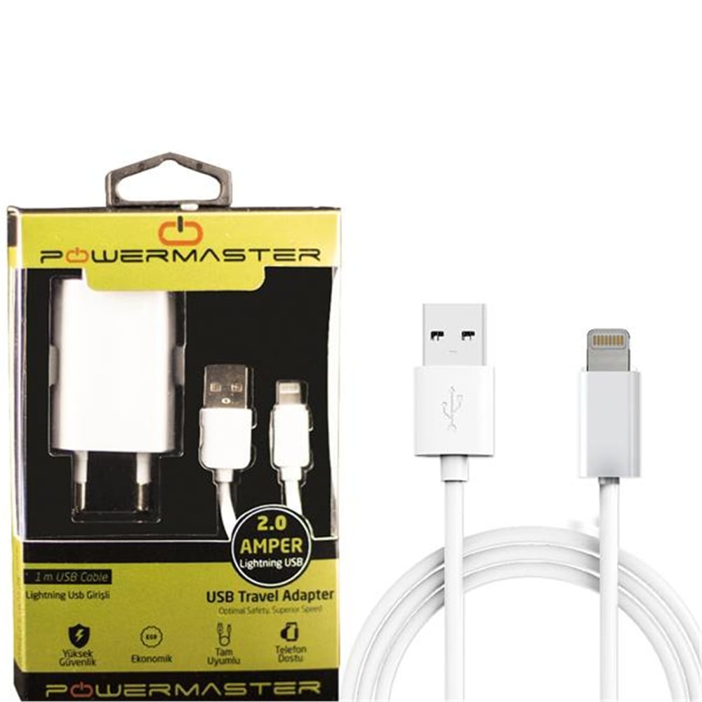 Powermaster Powermaster iOs Lightning iP Serisi 2 Amper Şarj Aleti + Kablo - Data-Şarj Kabloları