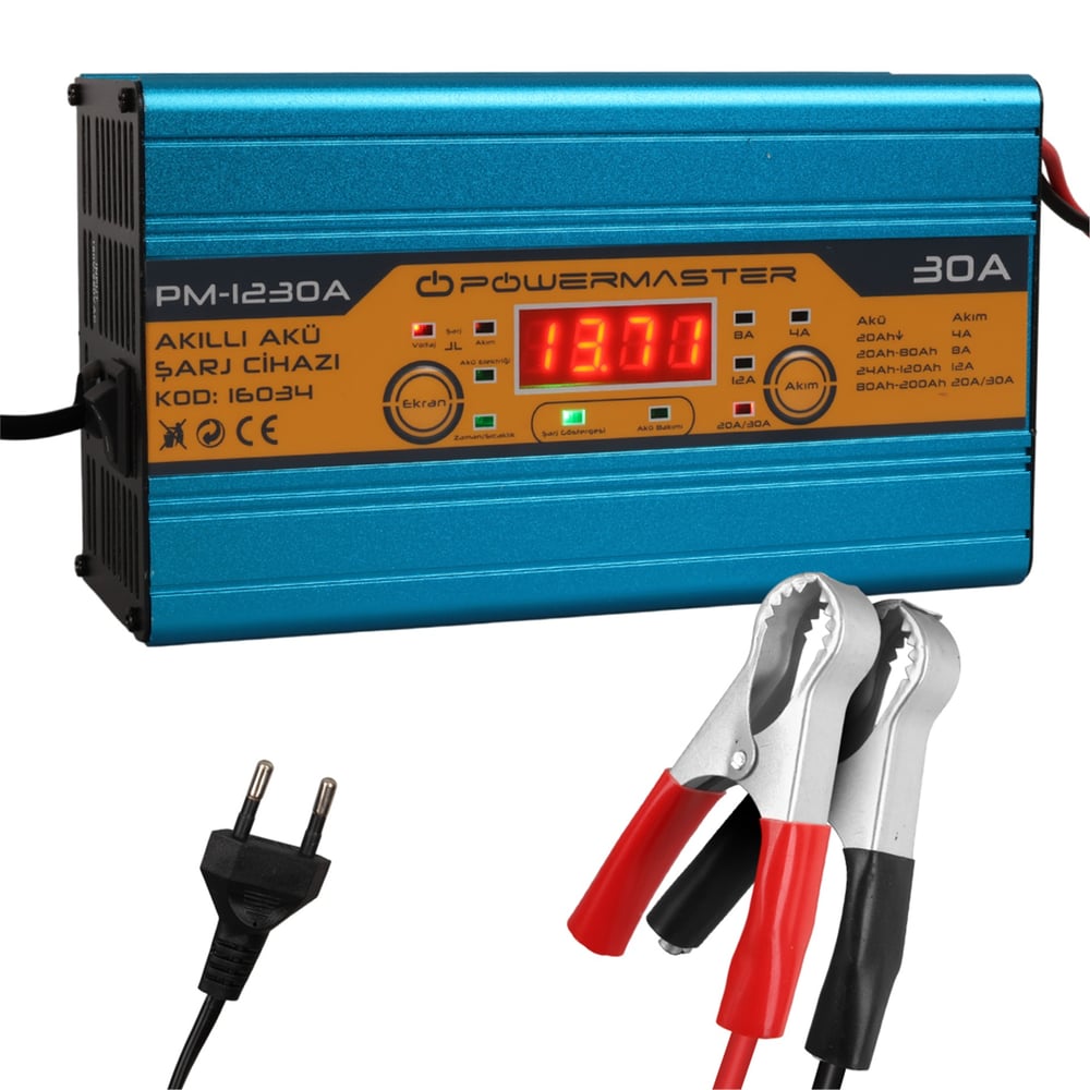 Powermaster Powermaster PM-1230A 12 Volt 30 Amper LCD Ekranlı Akıllı Akü Şarj Cihazı - Akü Şarj Cihazları
