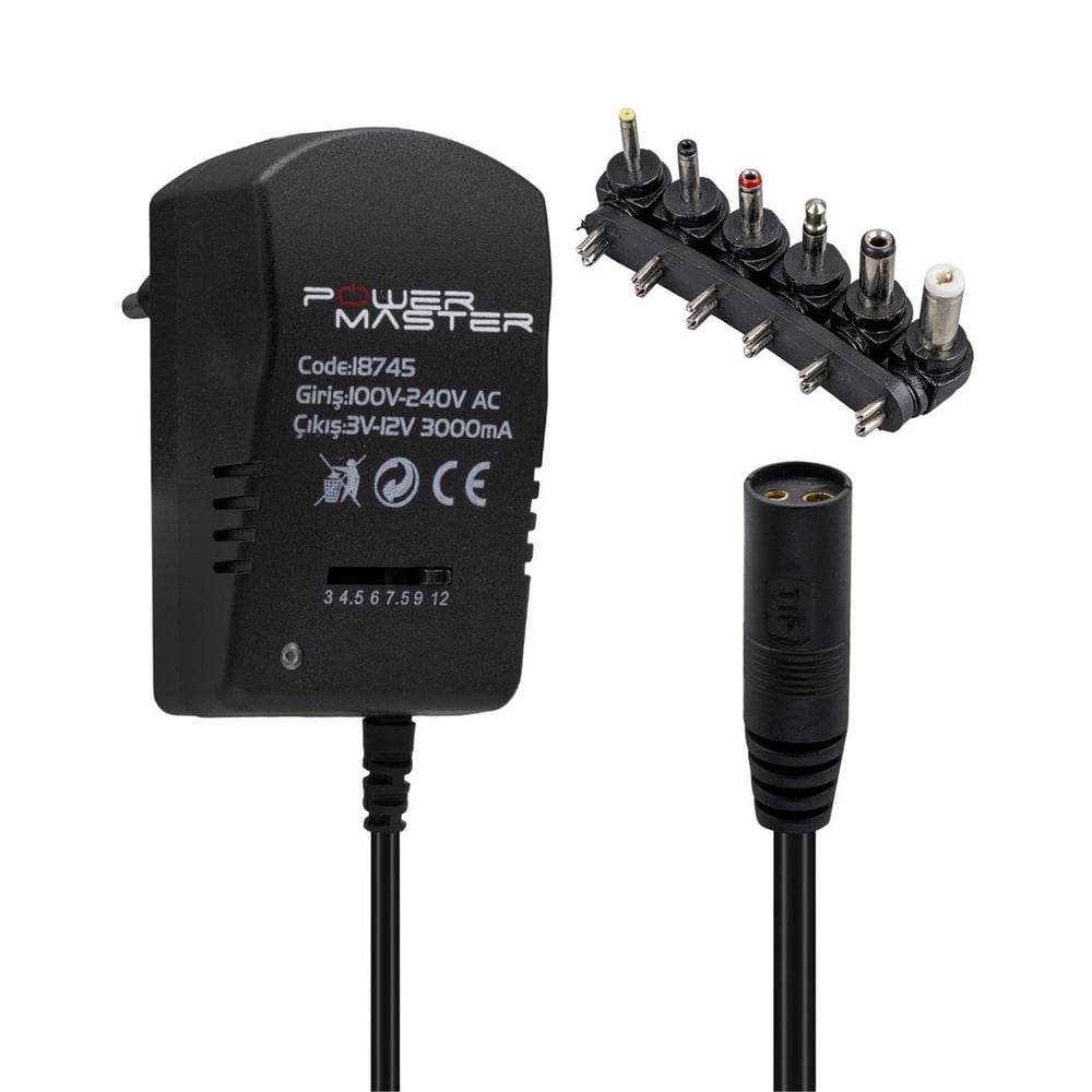 Powermaster Powermaster PM-18745 3 Volt - 12 Volt - 3 Amper Çok Uçlu Ayarlı Kademeli Adaptör - Adaptörler