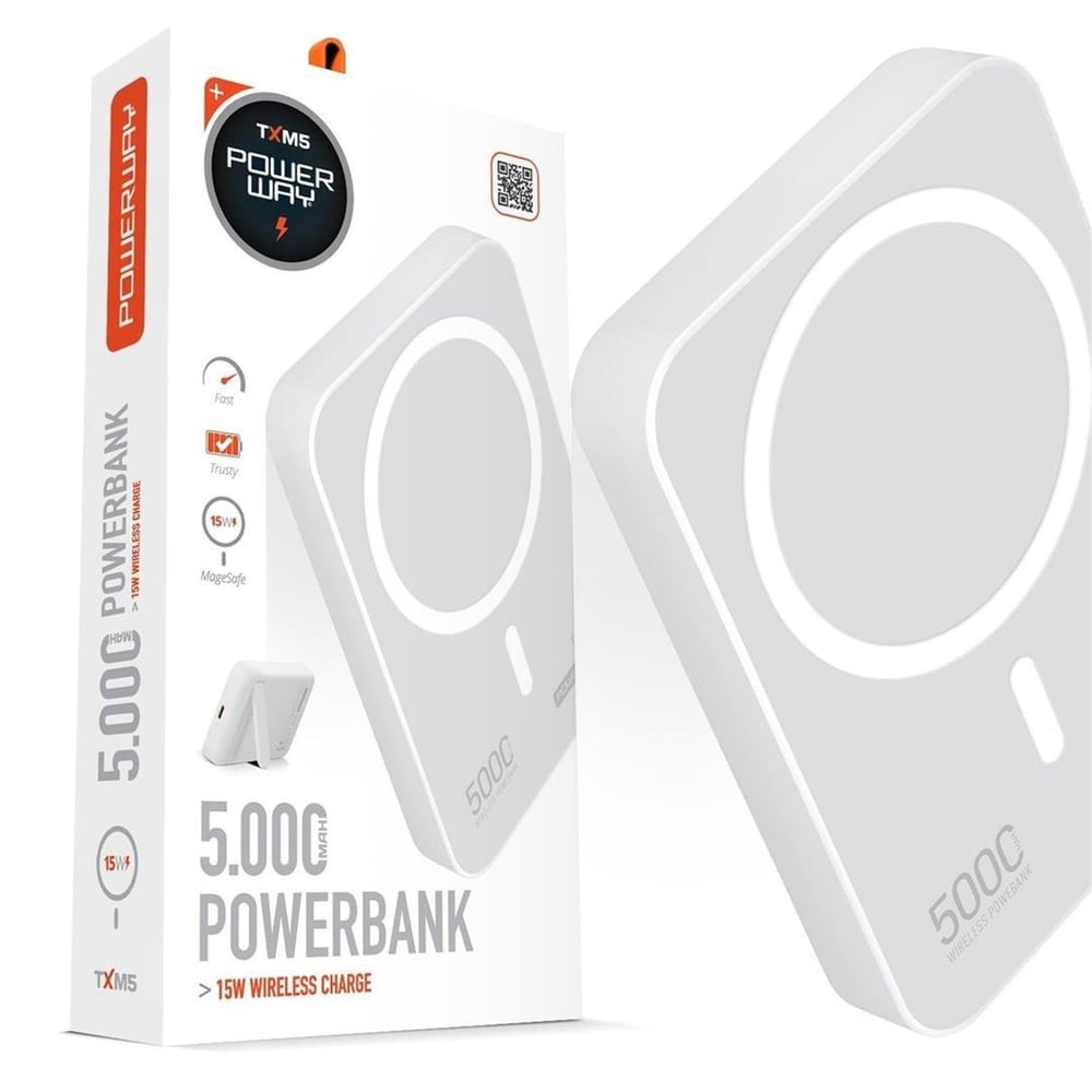 Powerway Powerway 5.000mAh PD15W Magsafe Kablosuz Wireless Taşınabilir Şarj Cihazı Beyaz Powerbank TXM5 - Powerbank