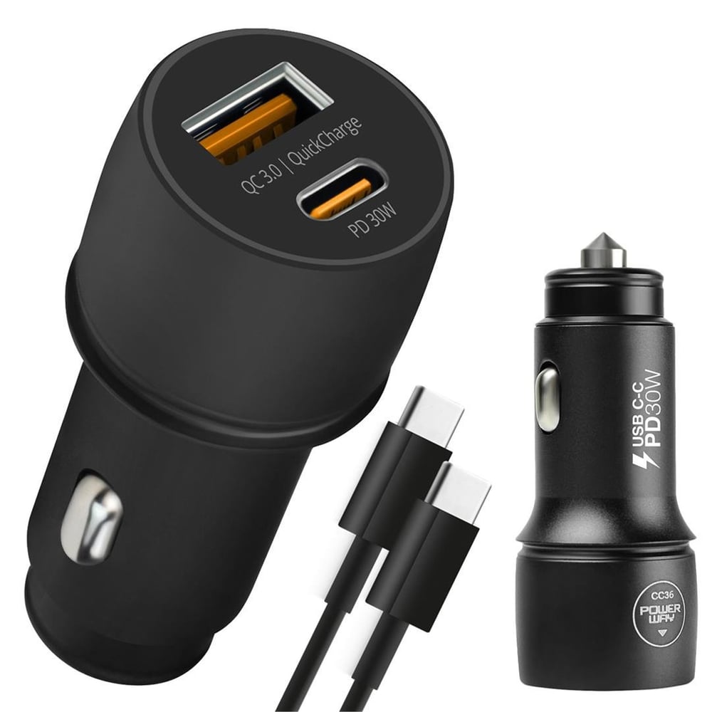 Powerway Powerway CC36 30W PD + QC 3.0 Çift Çıkışlı Metal Araç Çakmaklık Hızlı Şarj Kablolu Set - Şarj Cihazları