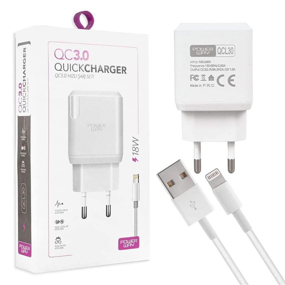 Powerway Powerway QCL30 Hızlı 3000 Ma 18 Watt Lightning Şarj Kafa Başlık Adaptörü - Telefon Ve Aksesuar