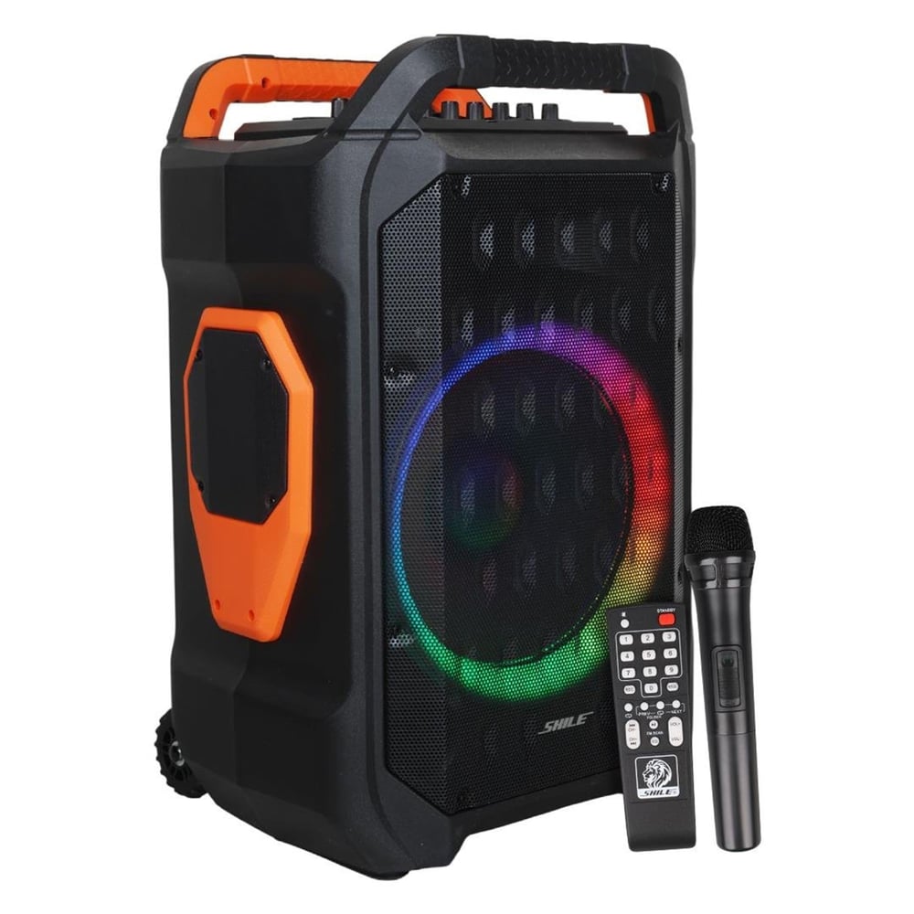 Shile Shile SL-10 120 Watt Taşınabilir Seyyar Amfi Hoparlör Kablosuz 1 EL + 1 Yaka Mikrofonlu Kumandalı USB+SD+BT - Taşınabilir Amfi