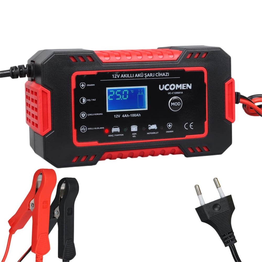 Ucomen Ucomen UC-C120501A Kırmızı 12 Volt 6 Amper Led Göstergeli Akü Şarj Cihazı - Akü Şarj Cihazları
