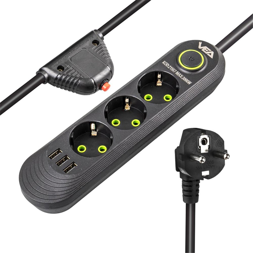 Vea Vea VA-21557 3'lü 3 USB'li 1.5 Metre Akım Korumalı Priz Siyah - Grup Prizler