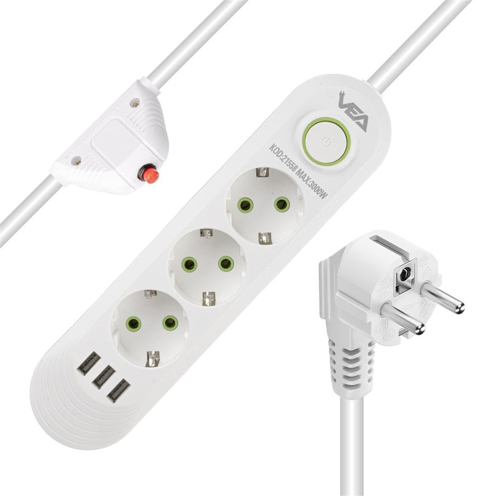 Vea Vea VA-21558 3'lü 3 USB'li 1.5 Metre Akım Korumalı Priz Beyaz - Grup Prizler