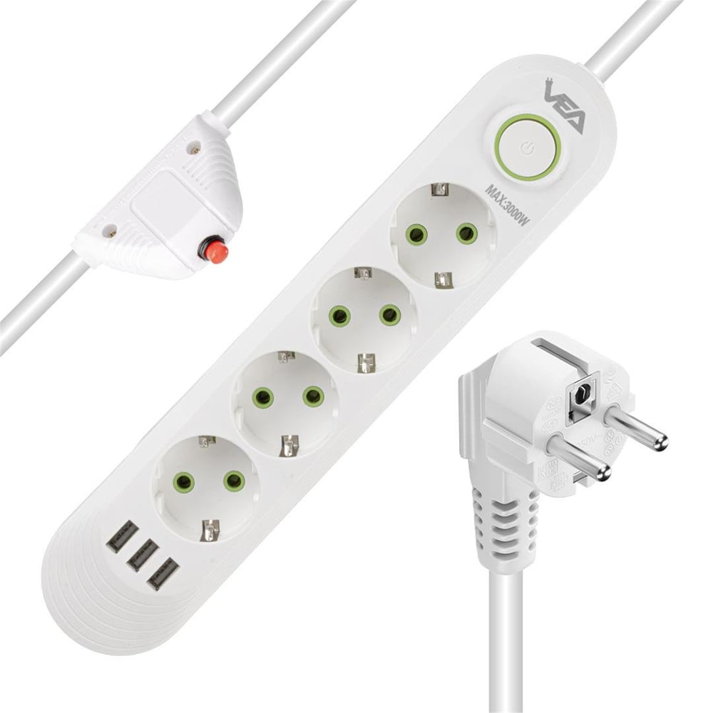 Vea Vea VA-21560 4'lü 3 USB'li 1.5 Metre Akım Korumalı Priz Beyaz - Grup Prizler