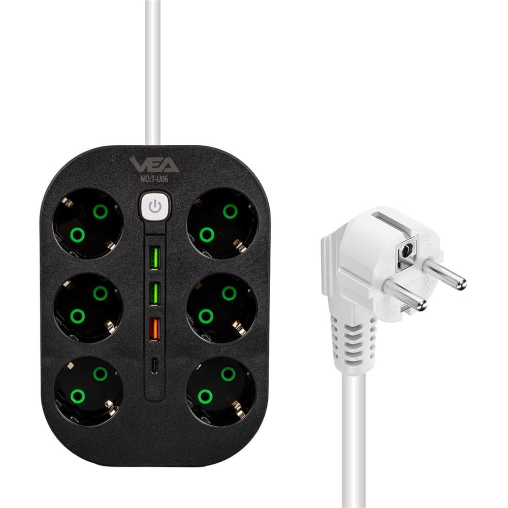 Vea Vea VE-22399 6'lı 1.5 Metre Kablolu 3 USB'li Siyah Grup Priz - Grup Prizler