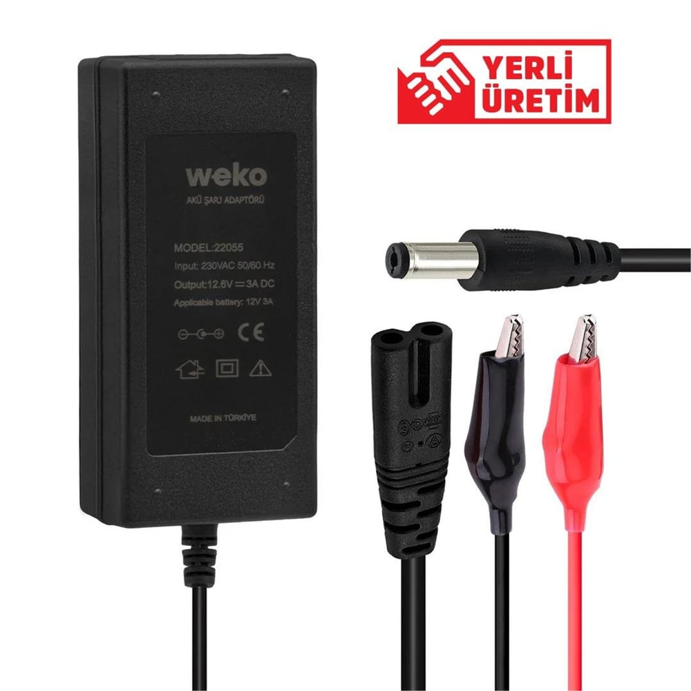 Weko Weko 12.6 Volt - 3 Amper 5.5*2.5 + Krokodil Uçlu Ledli Yerli Üretim Masaüstü Şarj Adaptörü - Akü Şarj Cihazları