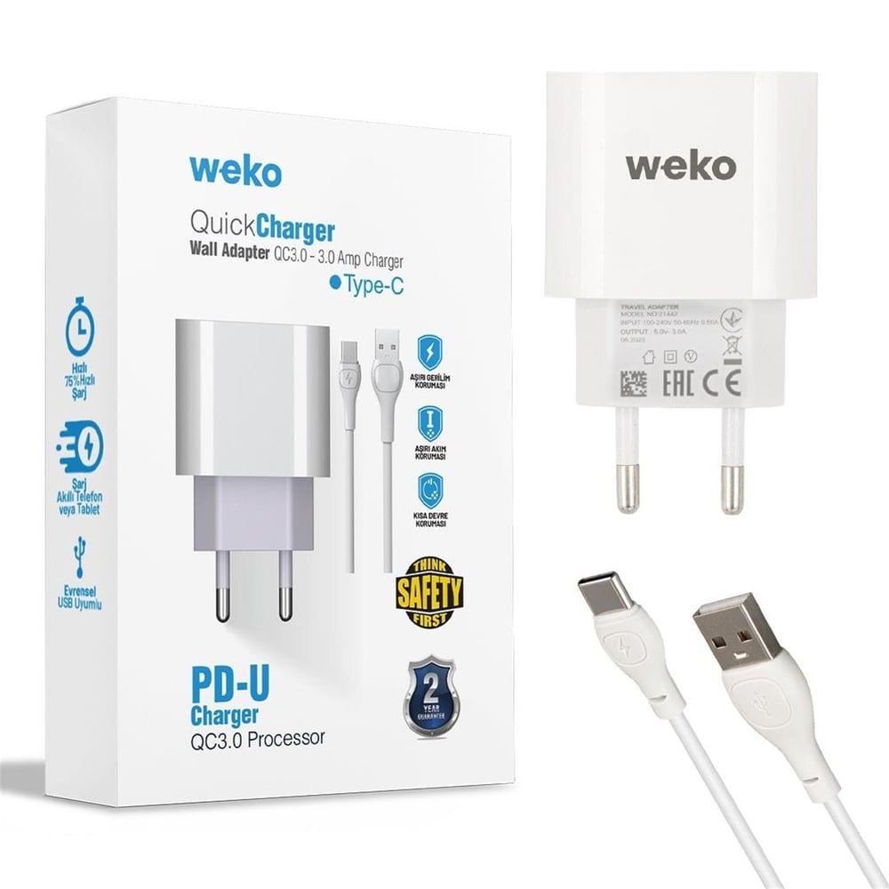 Weko Weko WK-21442 PDU QC 3.0 Amper Telefon Şarj Başlık Adaptörü + Type-C Kablo - Şarj Cihazları