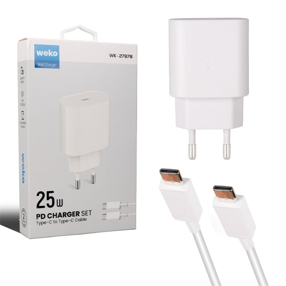 Weko Weko WK-27878 Note10 Beyaz 25 Watt Şarj Başlık Adaptörü + Type-C To Type-C Kablo - Şarj Cihazları