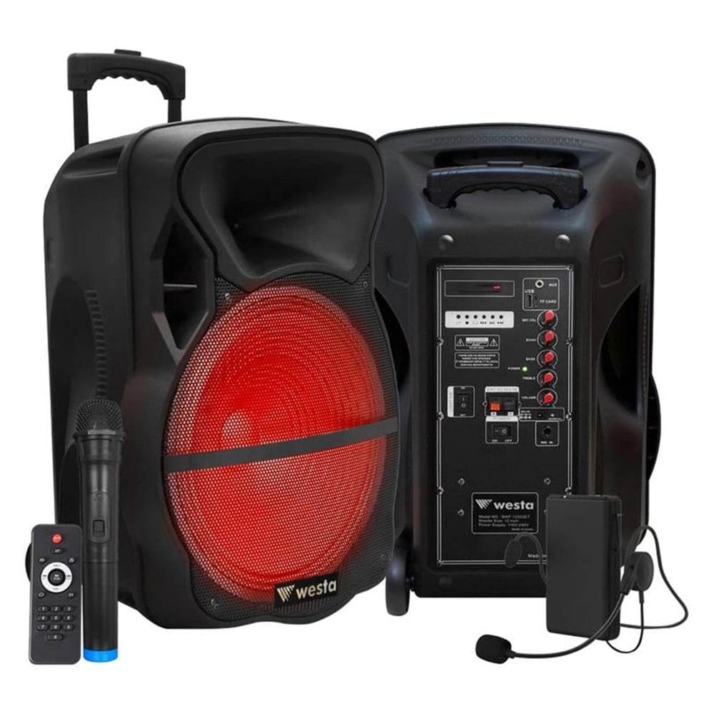Westa Westa WAP-12503ET 12'' USB-SD-Bluetooth Kumandalı 1 El - 1 Yaka Mikrofon 200 Watt Aktif Seyyar Hoparlör - Taşınabilir Amfi