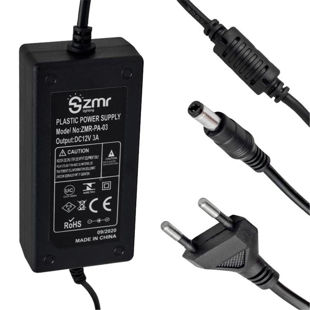 Zmr Zmr 12 Volt - 3 Amper 5.5*2.5 Uç İki Ucu Kablolu Plastik Kasa Masaüstü Adaptör  ZMR-PA-03 - Adaptörler