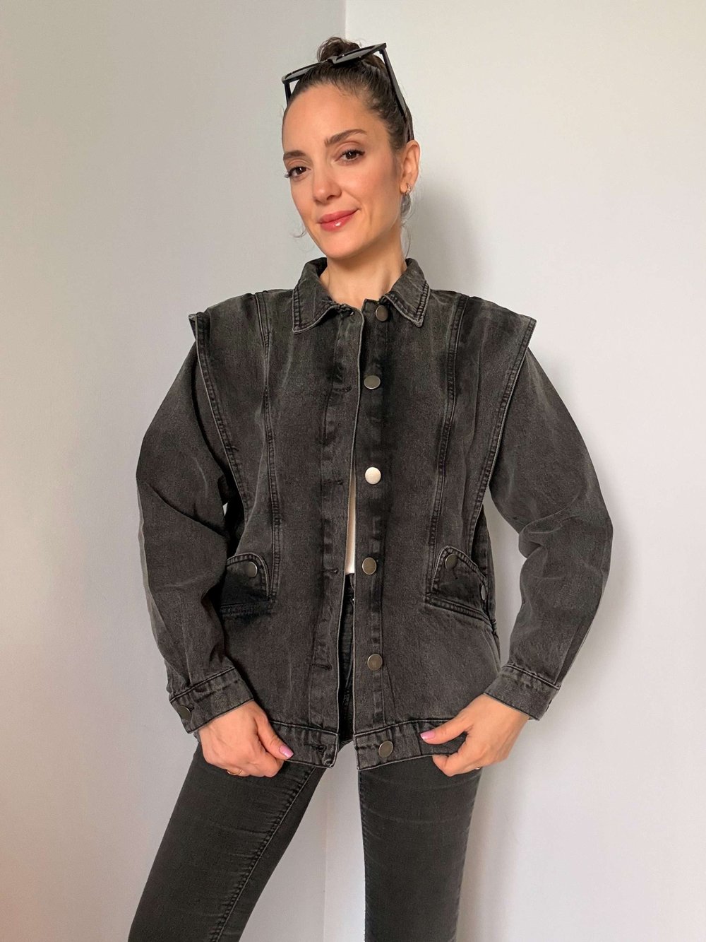 Antrasit Omuz Detaylı Tasarım Denim Ceket