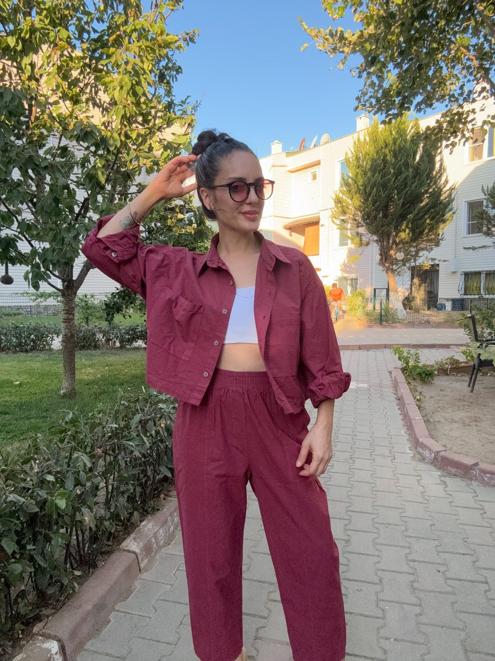 Bordo Crop Gömlekli Pamuklu Takım