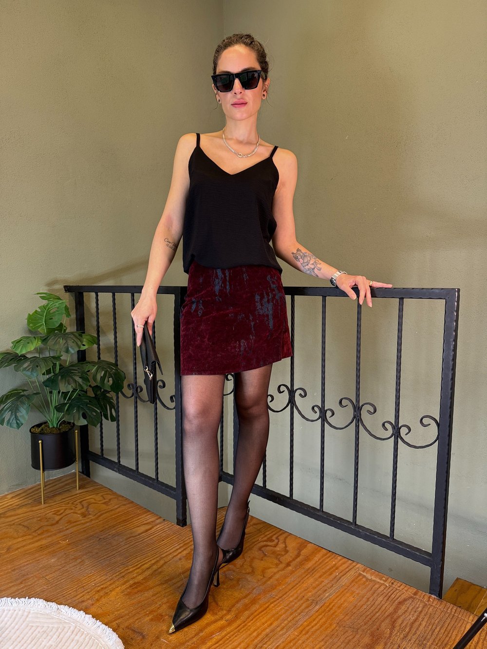 Bordo Flok Baskılı Mini Etek