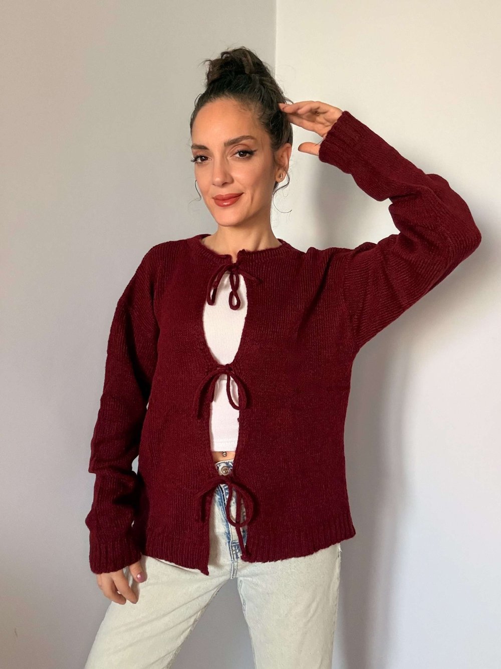 Bordo Önden Bağlamalı Triko Hırka