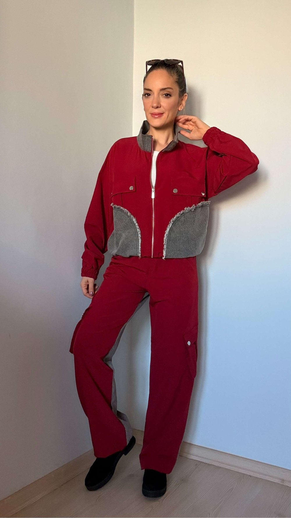 Bordo Paraşüt Kumaş Denim Detaylı Takım