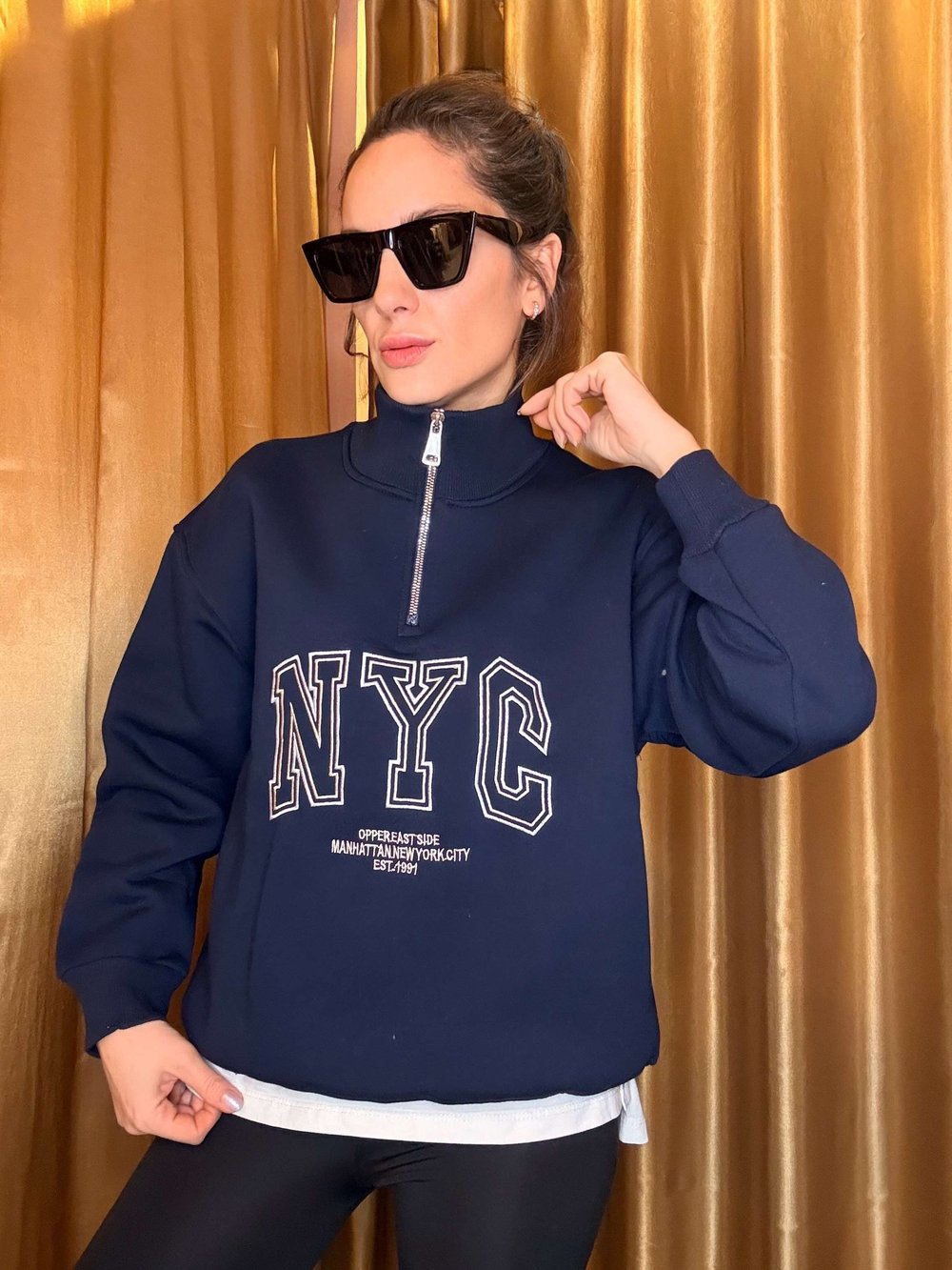 Lacivert NYC Nakışlı Şardonlu Sweatshirt