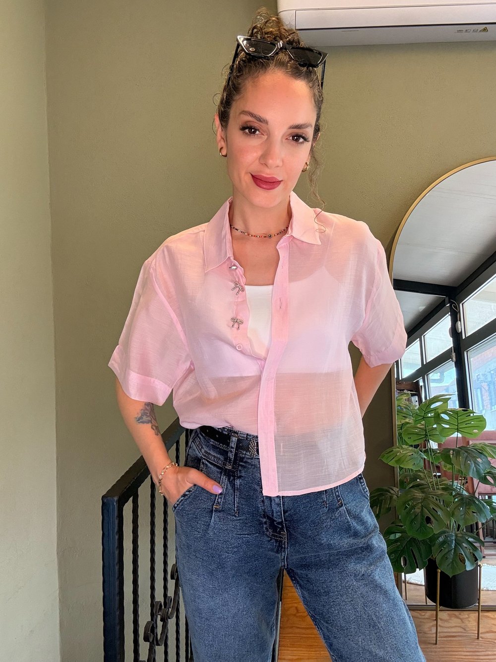 Pembe Şifon Crop Gömlek