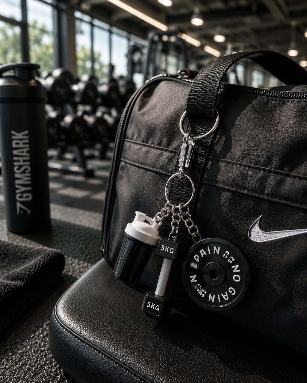 Fitness Spor Çantası Charm Anahtarlık – Plastik Shaker, Dumbbell ve Plaka Figürlü Bag Charm 
