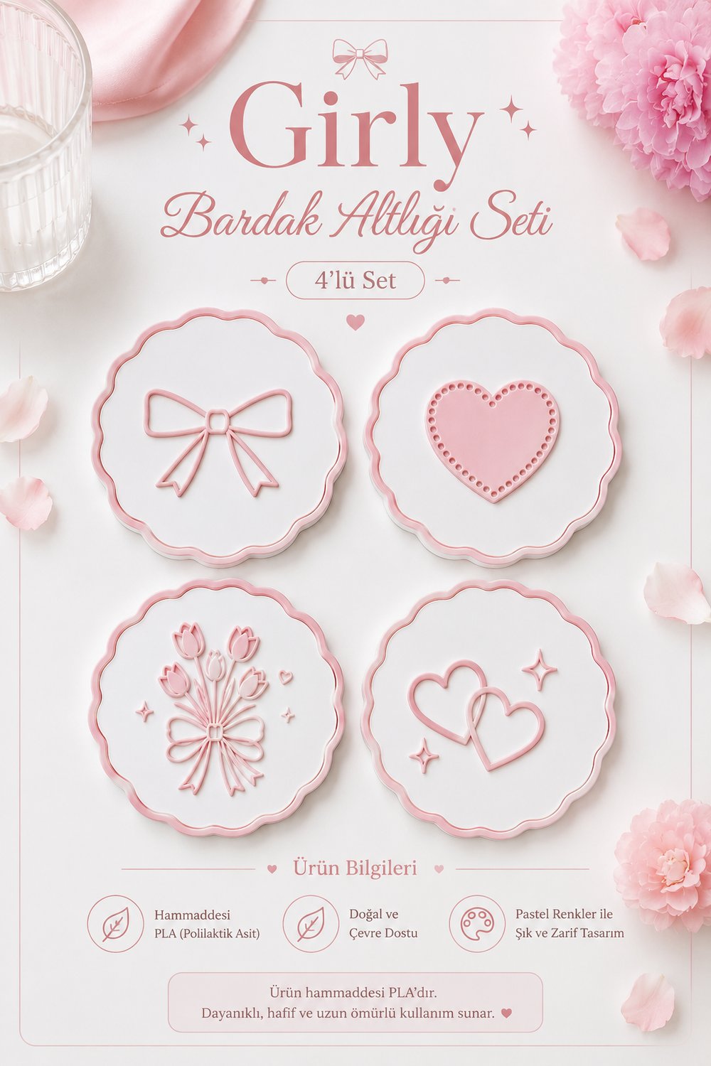 Kalpli Dekoratif Bardak Altlığı – Pembe & Beyaz Girly Tasarım | 3D Baskı Masa Dekoru