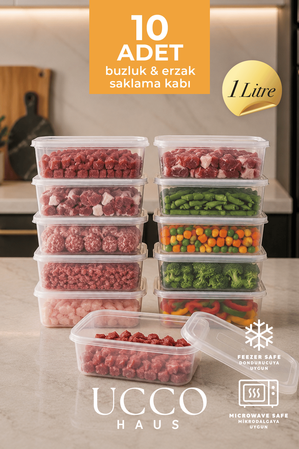 10 Adet 1000 ml Ekonomik Buzdolabı & Mikrodalga Sızdırmaz Kapaklı Saklama Kabı Seti Buzluk Organizer